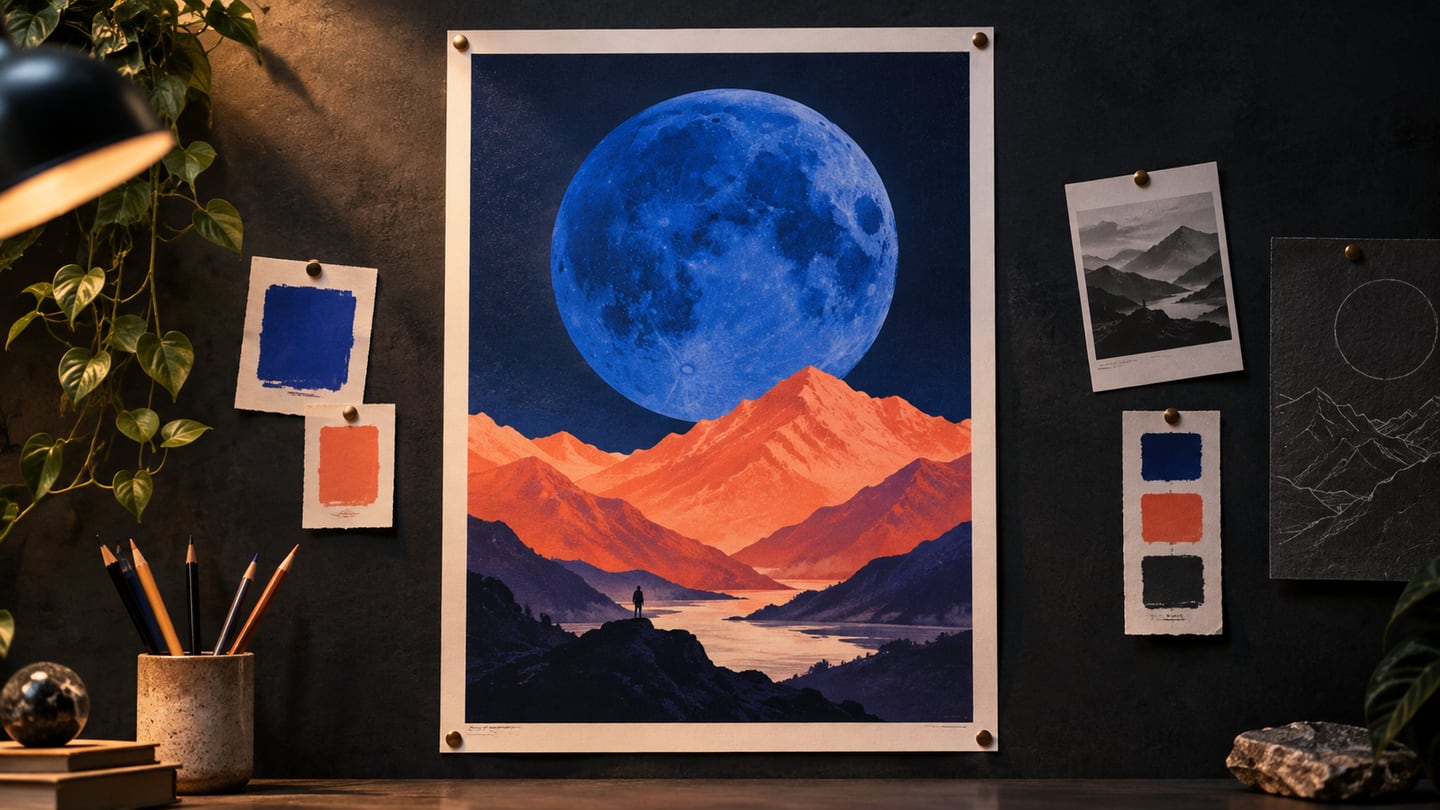 A blue-moon and coral-mountain poster pinned to a designer's wall