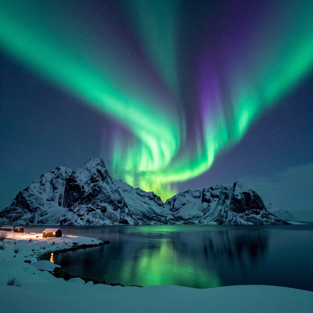 Boreal Aurora Borealis over Polar Fjord